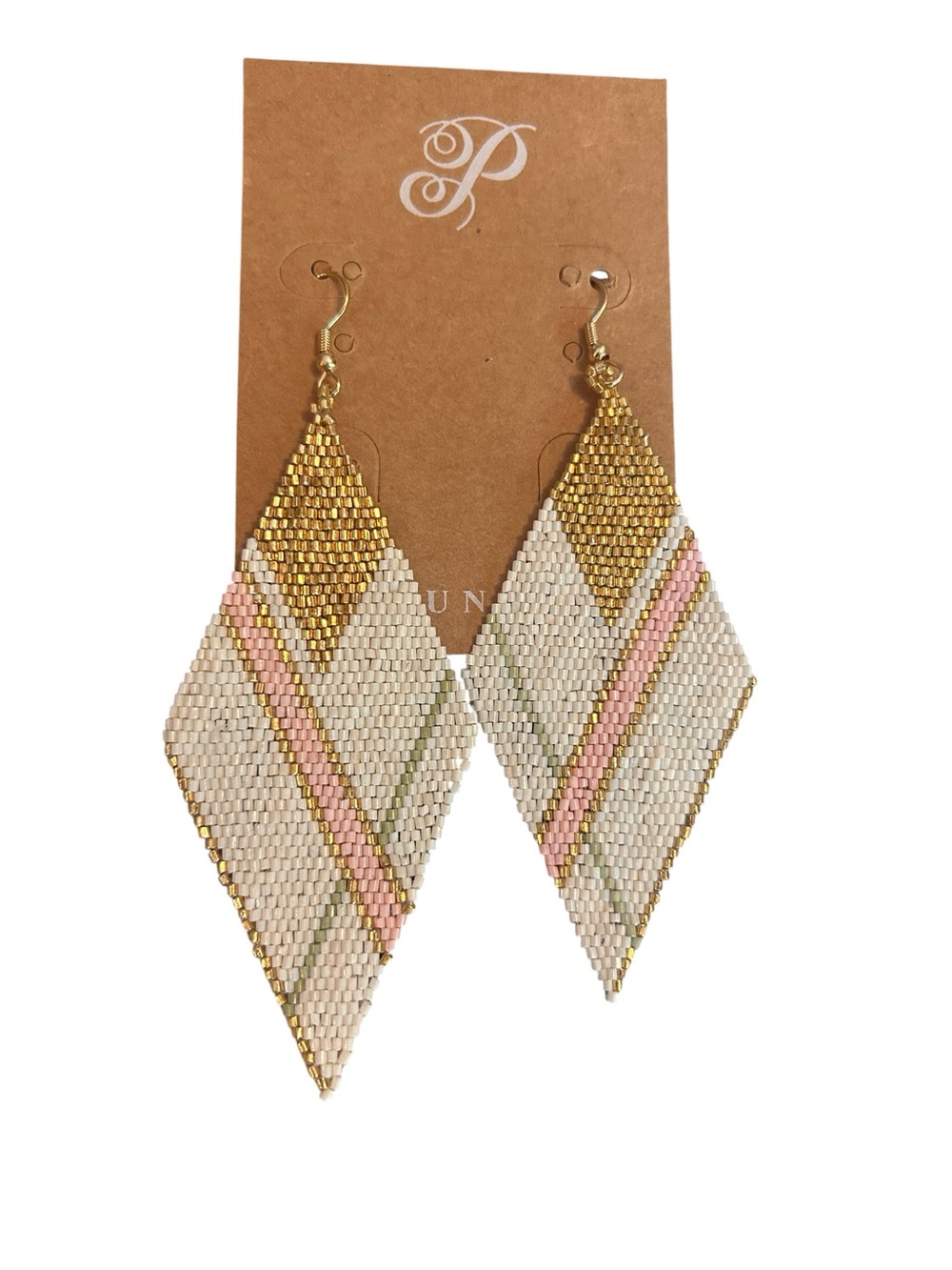 Plunder Beaded Diamond-Shaped Dangle Earrings in Gold, White & Pink
